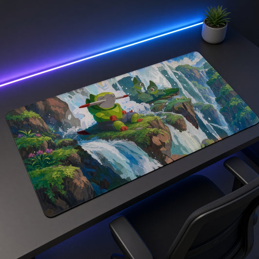 Fraxure Waterfall Meditation Pokémon Playmat at an angle with gaming chair