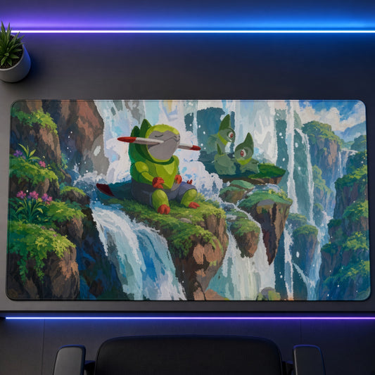 Fraxure Waterfall Meditation Pokémon Playmat on a gaming desk, top-down view