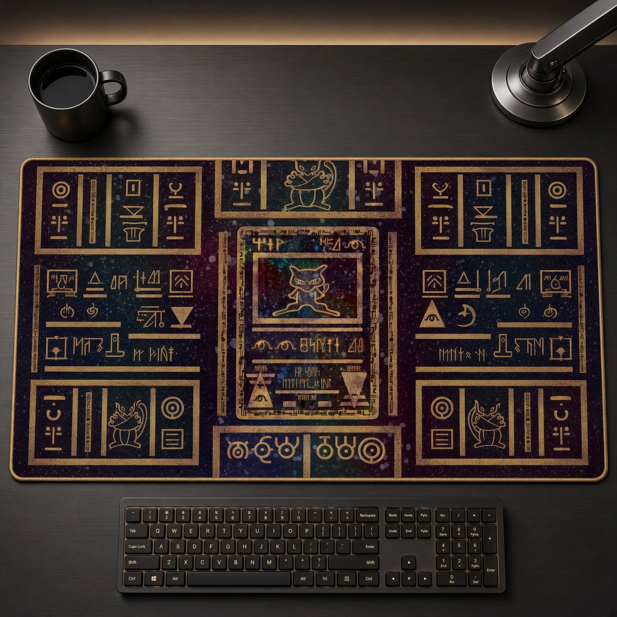 Ancient Mew Pokémon Playmat on a gaming desk, top-down view