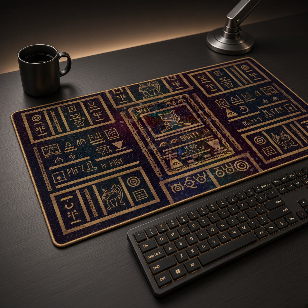 Ancient Mew Pokémon Playmat at an angle with keyboard and mouse