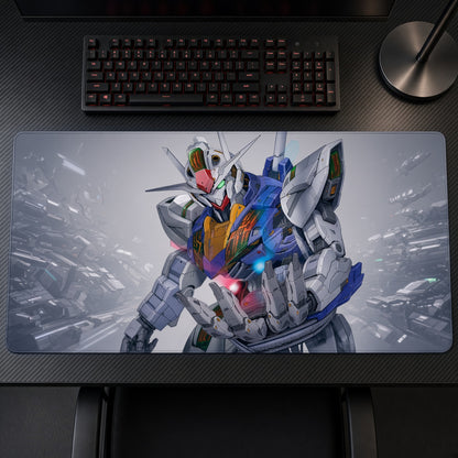 Gundam Aerial The Witch from Mercury Playmat on a gaming desk, top-down view