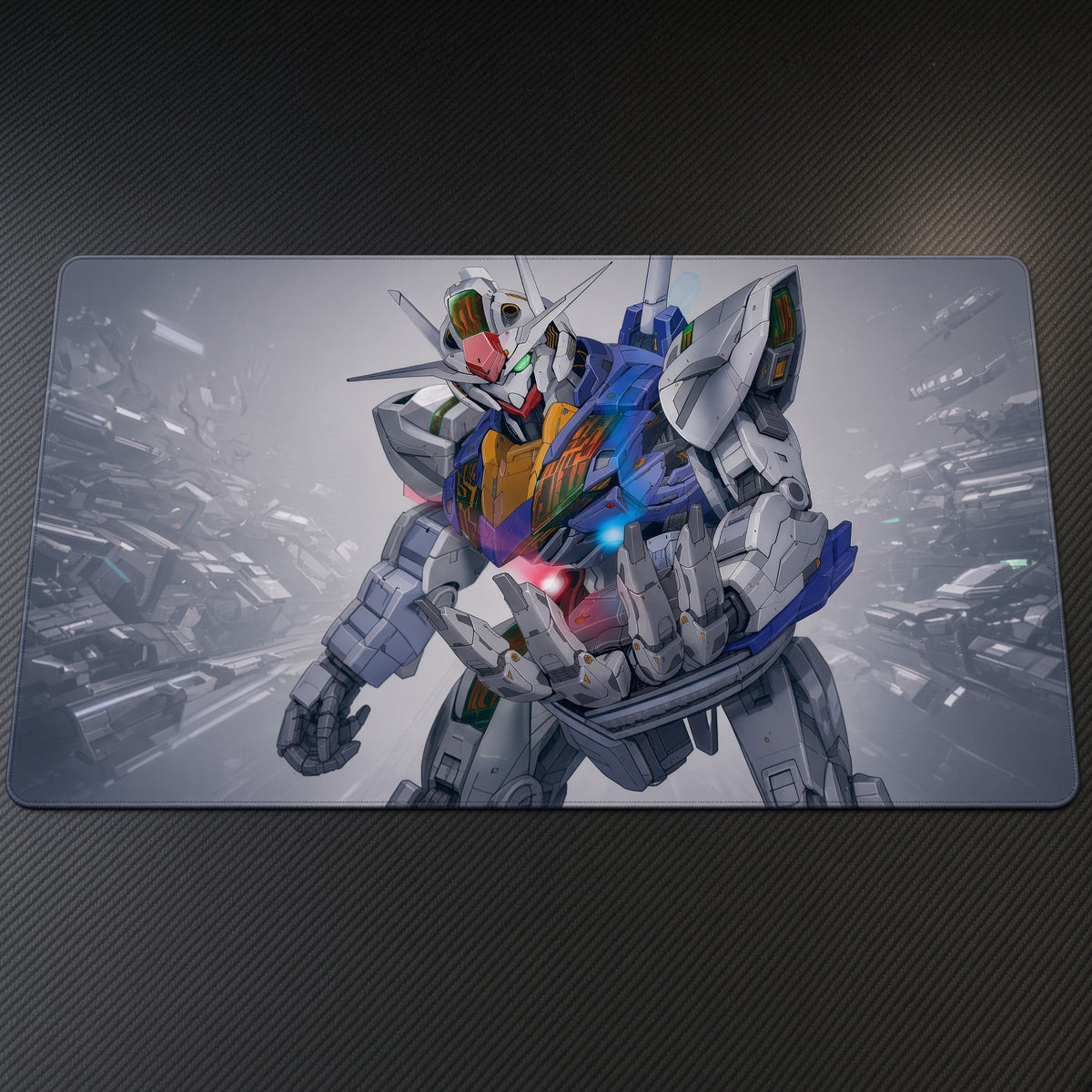 Gundam Aerial The Witch from Mercury Playmat at an angle on a gaming desk