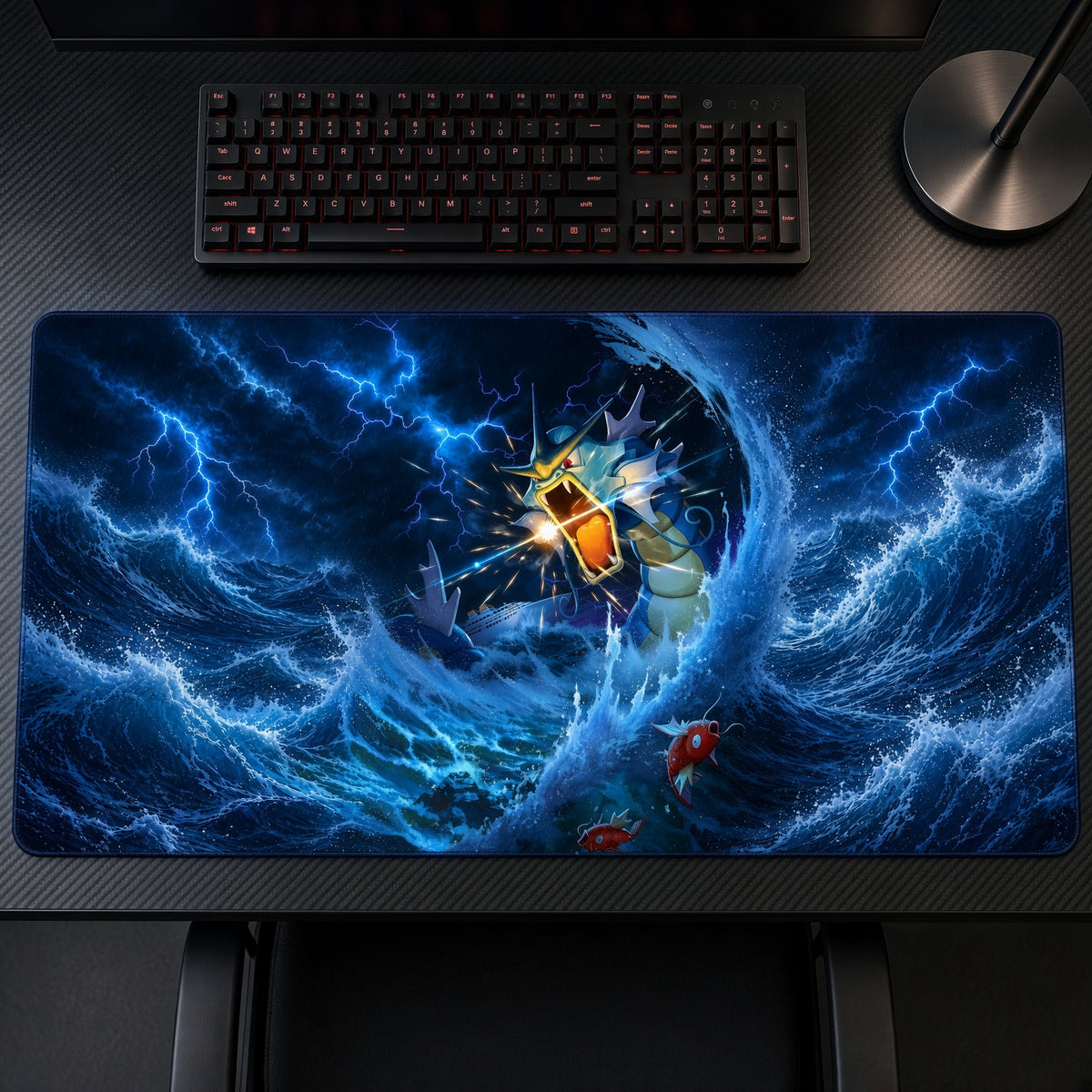 Gyarados & Magikarp Storm Vortex Pokemon Playmat top-down on desk