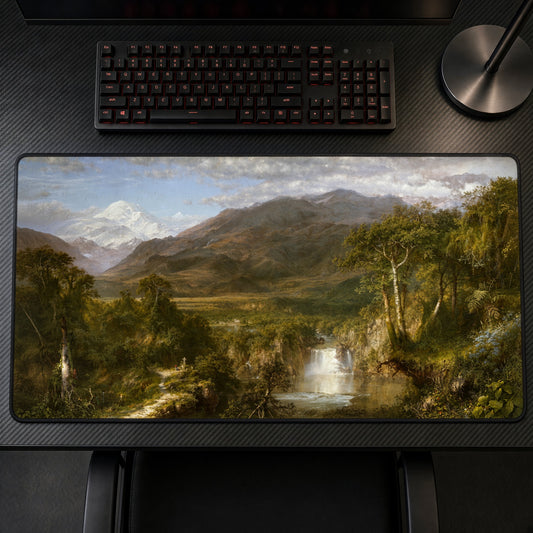 The Heart of the Andes Frederic Edwin Church Playmat on a gaming desk, top-down view