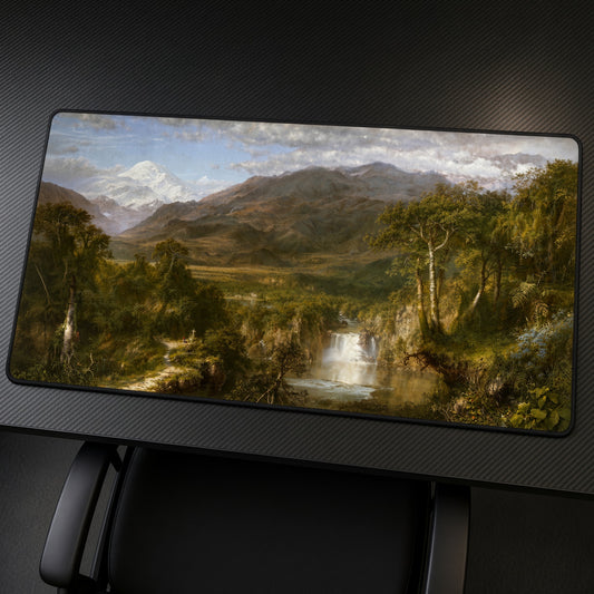 The Heart of the Andes Frederic Edwin Church Playmat at an angle on a gaming desk