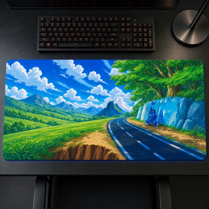 Heracross Mountain Road Pokémon Playmat on a gaming desk, top-down view