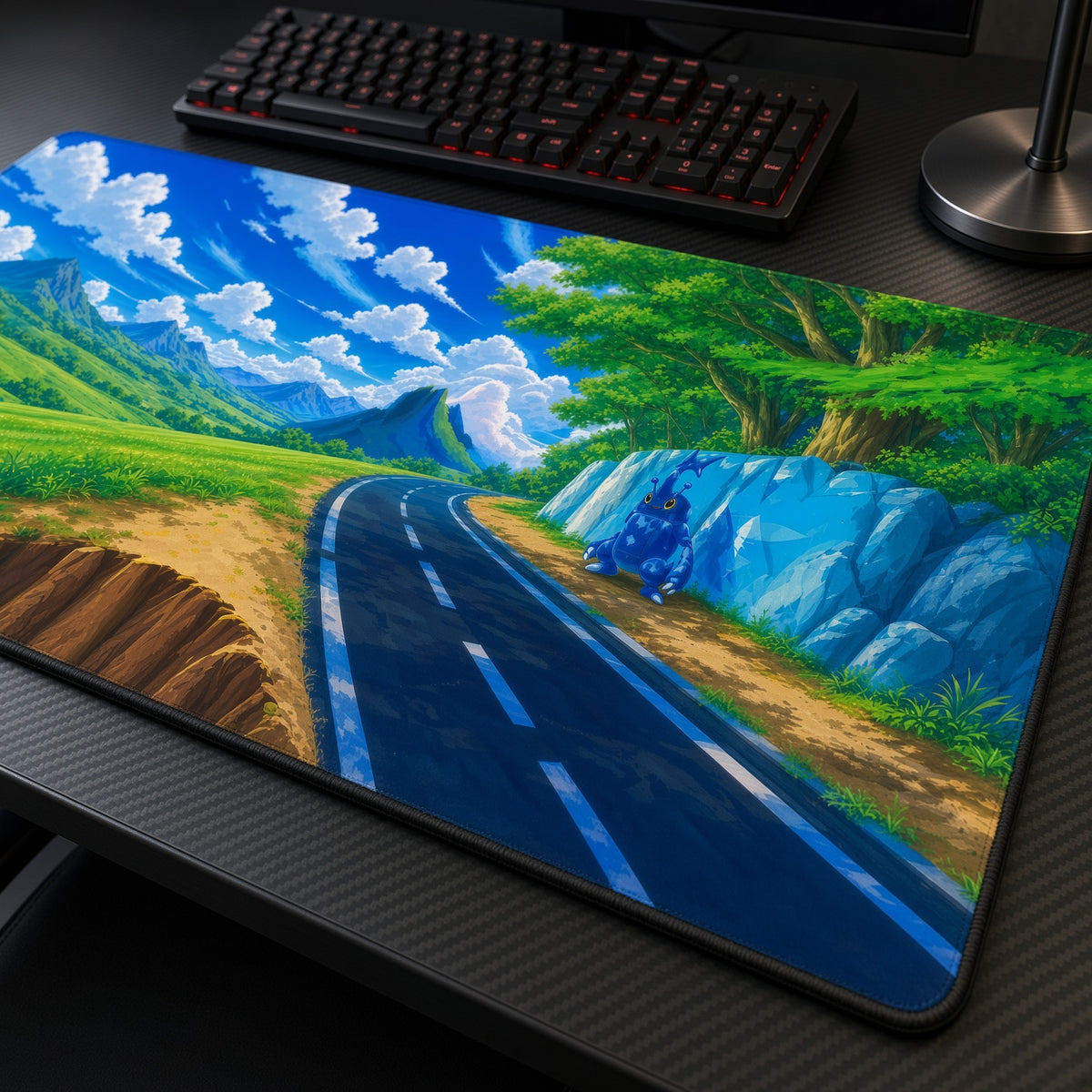 Heracross Mountain Road Pokémon Playmat at an angle with keyboard and mouse