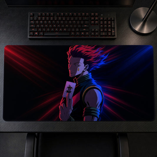 Hisoka Card Hunter x Hunter Playmat on a gaming desk, top-down view