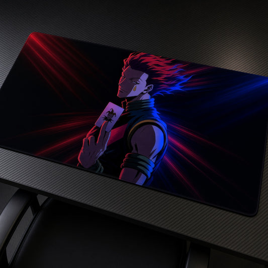 Hisoka Card Hunter x Hunter Playmat at an angle on a gaming desk