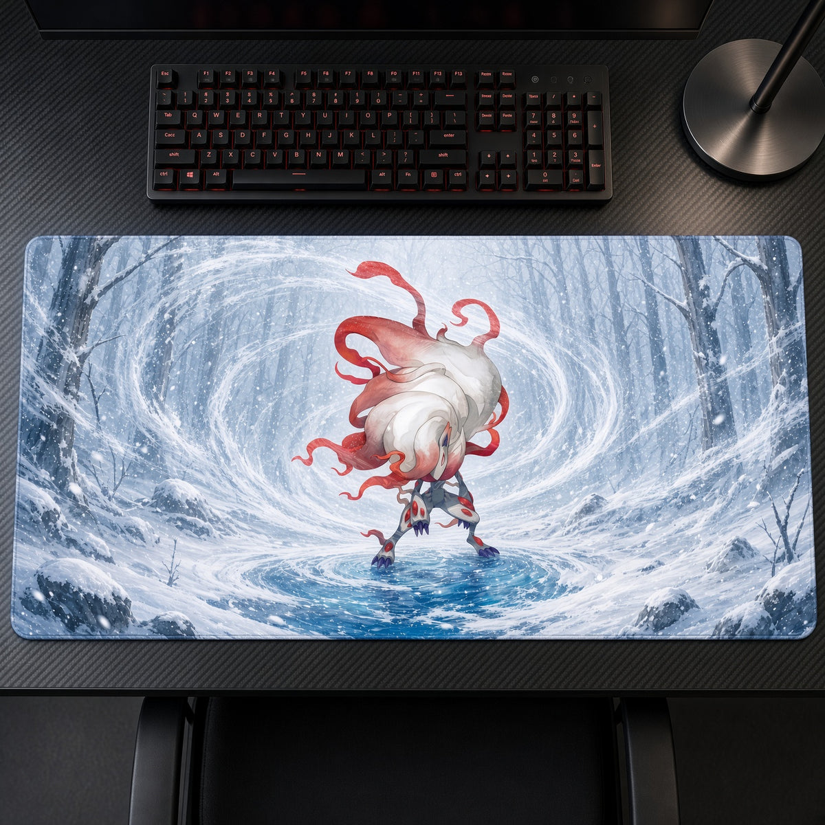 Hisuian Zoroark Snowstorm Pokémon Playmat on a gaming desk, top-down view