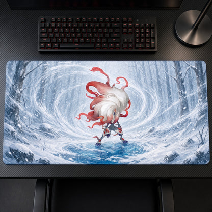 Hisuian Zoroark Snowstorm Pokémon Playmat on a gaming desk, top-down view