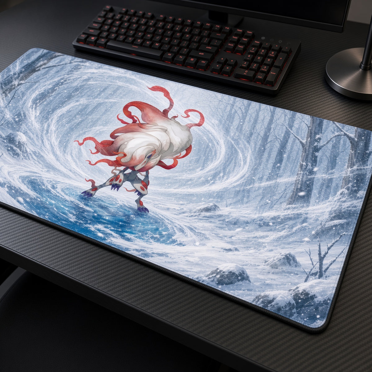 Hisuian Zoroark Snowstorm Pokémon Playmat at an angle with keyboard and mouse