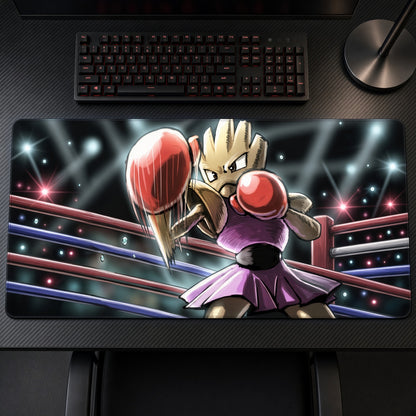 Hitmonchan Boxing Ring Pokémon Playmat on a gaming desk, top-down view