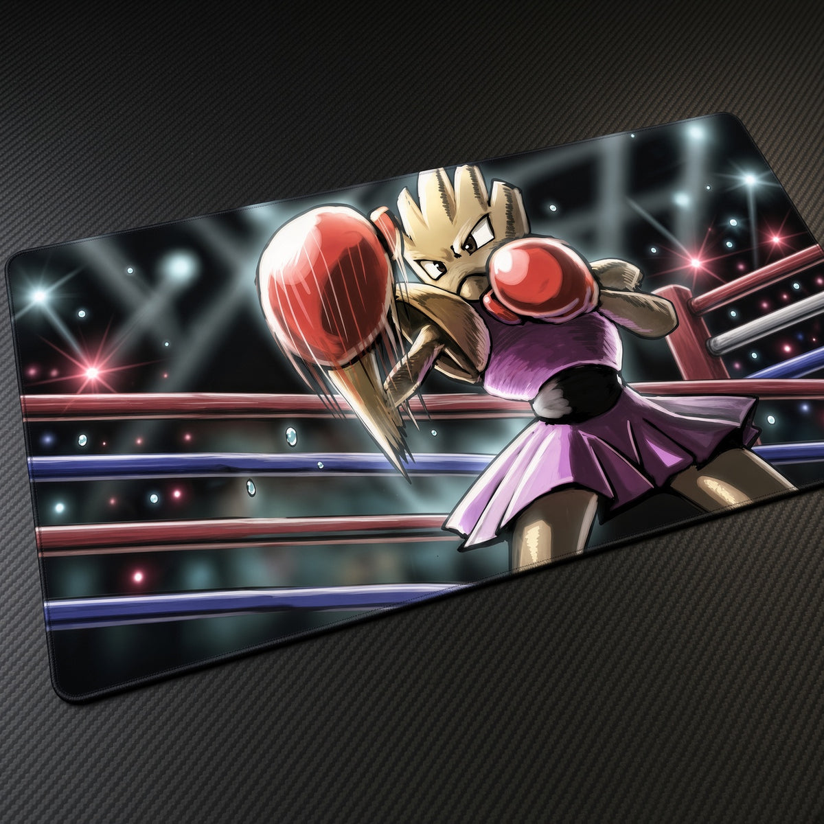 Hitmonchan Boxing Ring Pokémon Playmat at an angle on a gaming desk