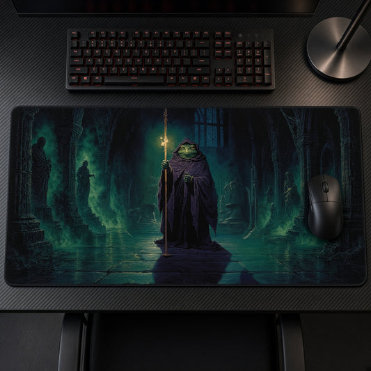 Hooded Frog Wizard Green Crypt Playmat on a gaming desk, top-down view