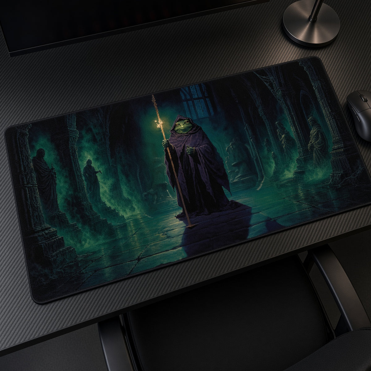 Hooded Frog Wizard Green Crypt Playmat at an angle on a gaming desk