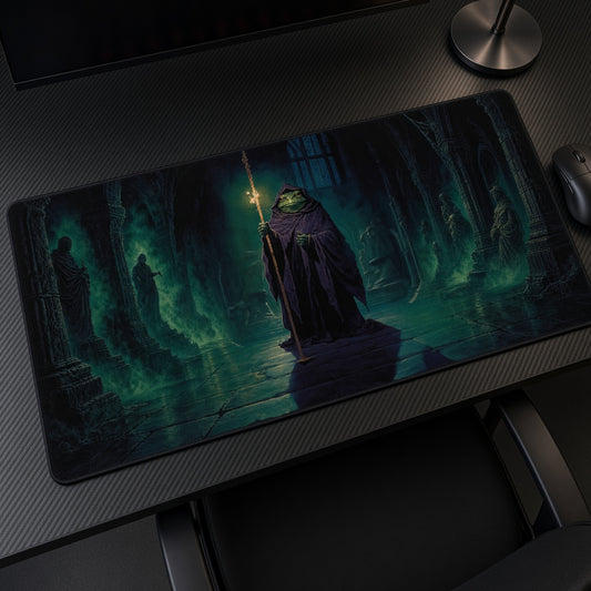 Hooded Frog Wizard Green Crypt Playmat at an angle on a gaming desk