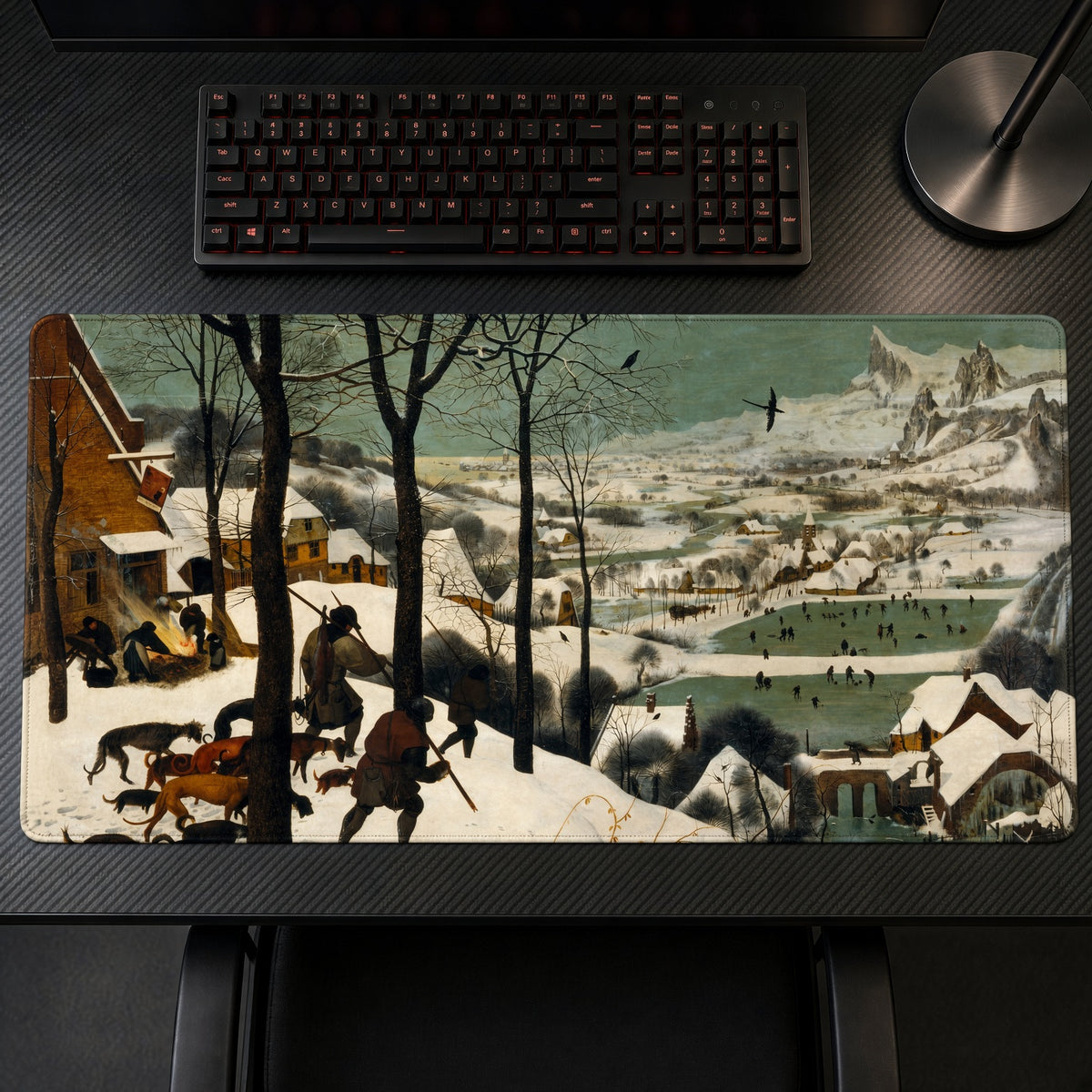 Hunters in the Snow Pieter Bruegel the Elder Playmat on a gaming desk, top-down view
