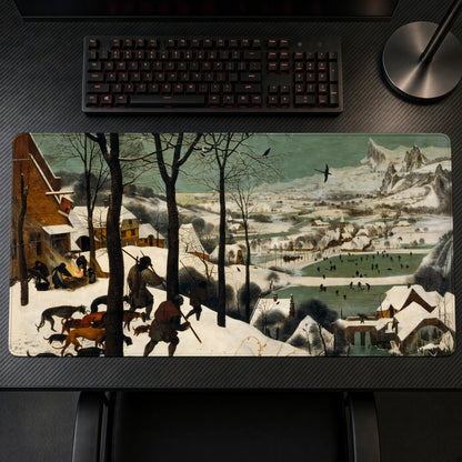 Hunters in the Snow Pieter Bruegel the Elder Playmat on a gaming desk, top-down view