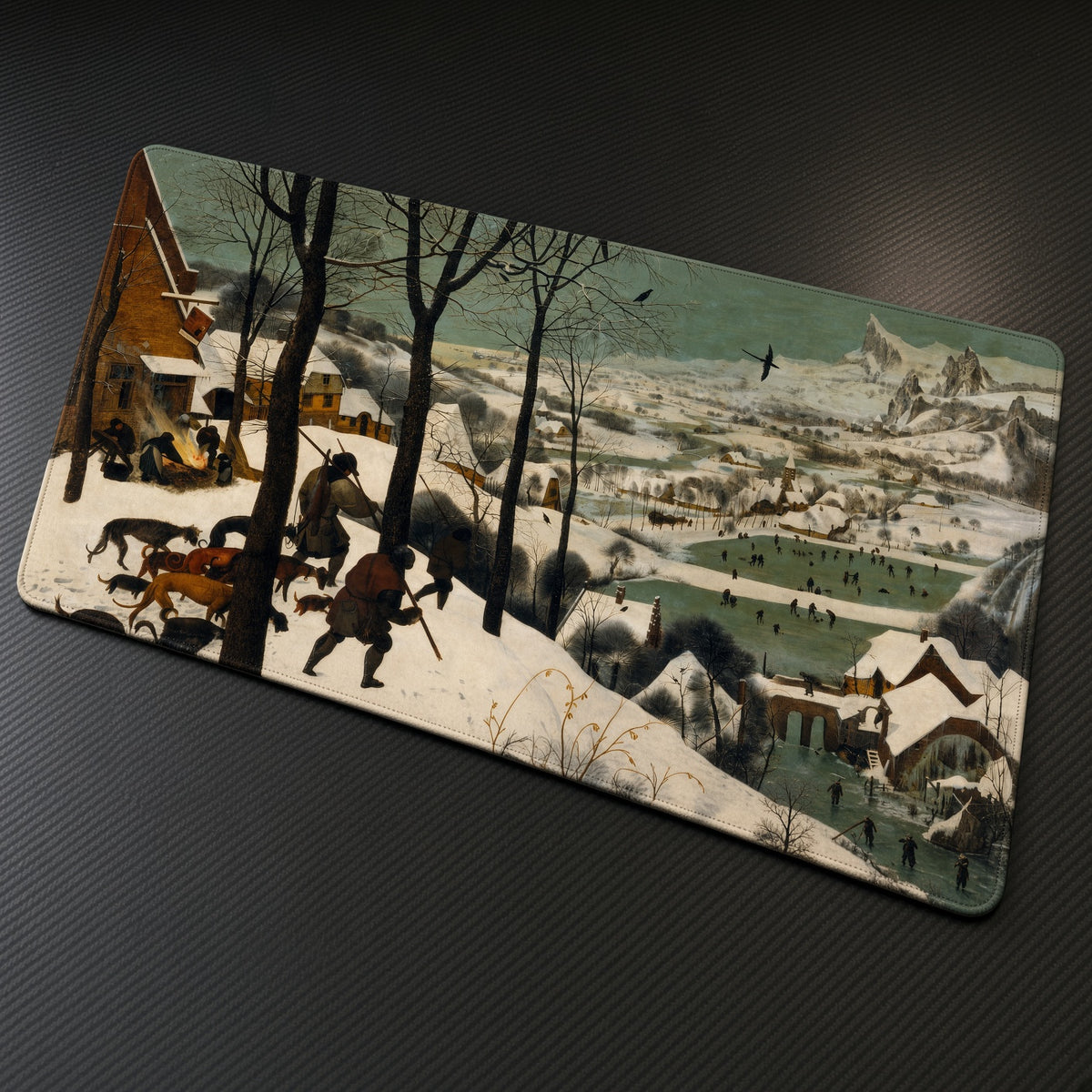 Hunters in the Snow Pieter Bruegel the Elder Playmat at an angle on a gaming desk
