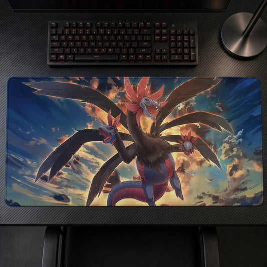 Hydreigon Triple Threat playmat on a gaming desk, top-down view