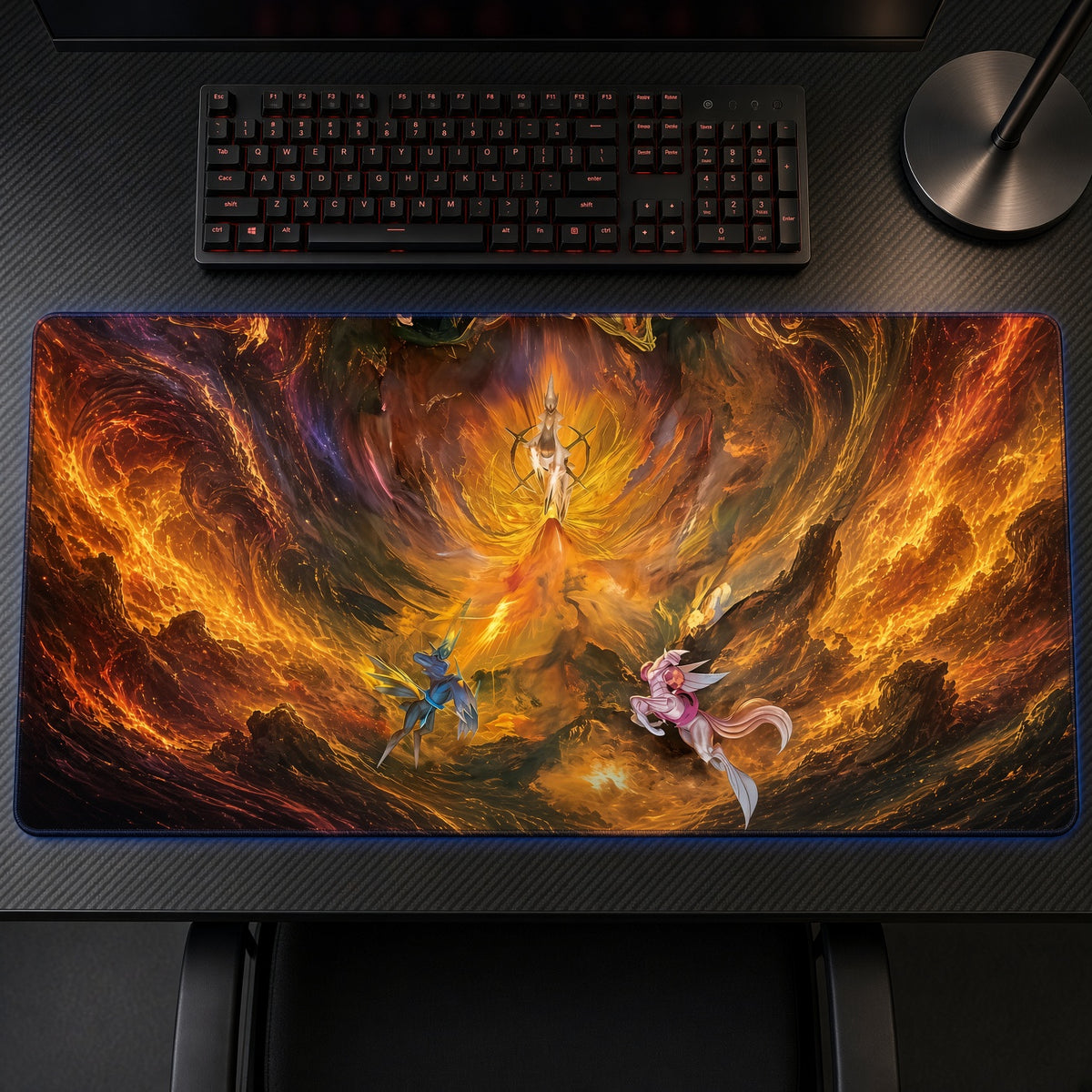Inferno Firestorm Playmat on a gaming desk, top-down view