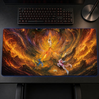 Inferno Firestorm Playmat on a gaming desk, top-down view