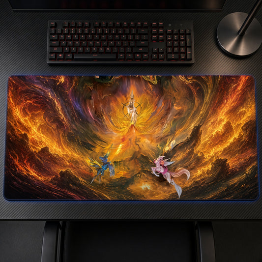 Inferno Firestorm Playmat on a gaming desk, top-down view