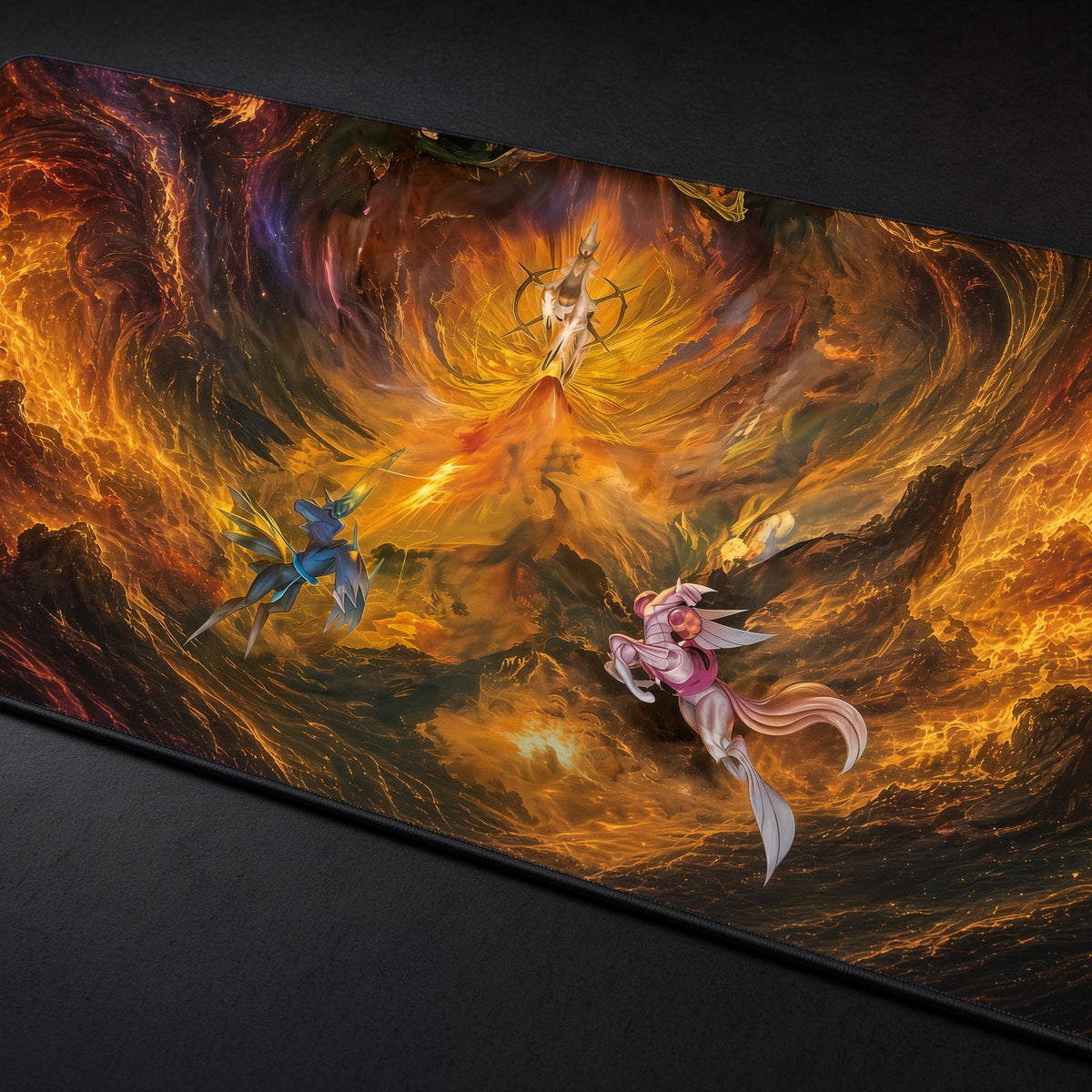 Inferno Firestorm Playmat at an angle on a gaming desk