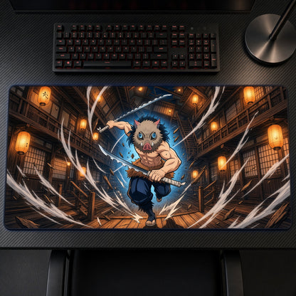 Inosuke Demon Slayer Playmat on a gaming desk, top-down view