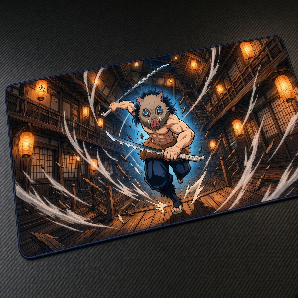 Inosuke Demon Slayer Playmat at an angle with keyboard and mouse