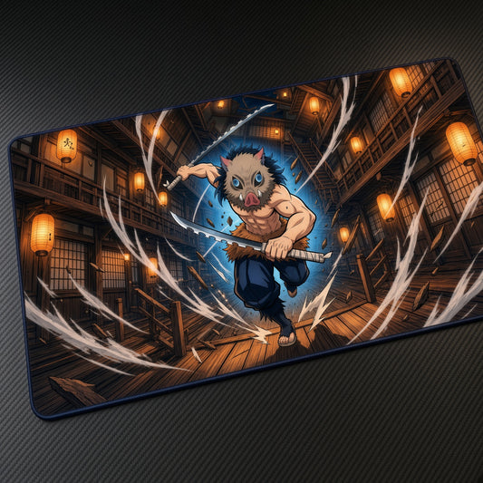 Inosuke Demon Slayer Playmat at an angle with keyboard and mouse