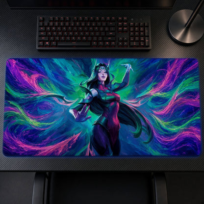 Irelia Neon Swirl League of Legends Playmat on a gaming desk, top-down view