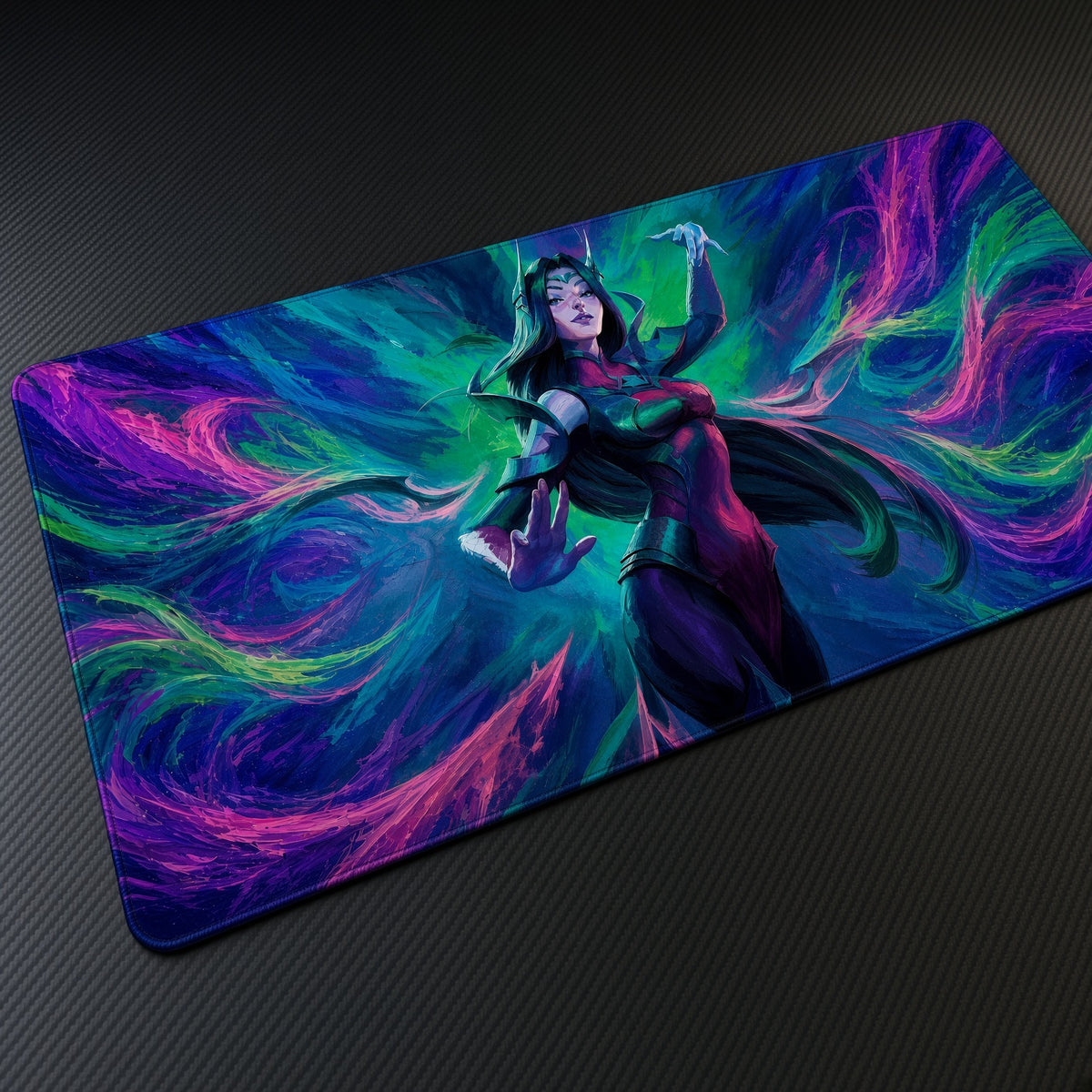 Irelia Neon Swirl League of Legends Playmat at an angle on a gaming desk
