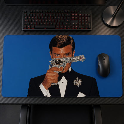 James Bond 007 Diamond Revolver Playmat on a gaming desk, top-down view