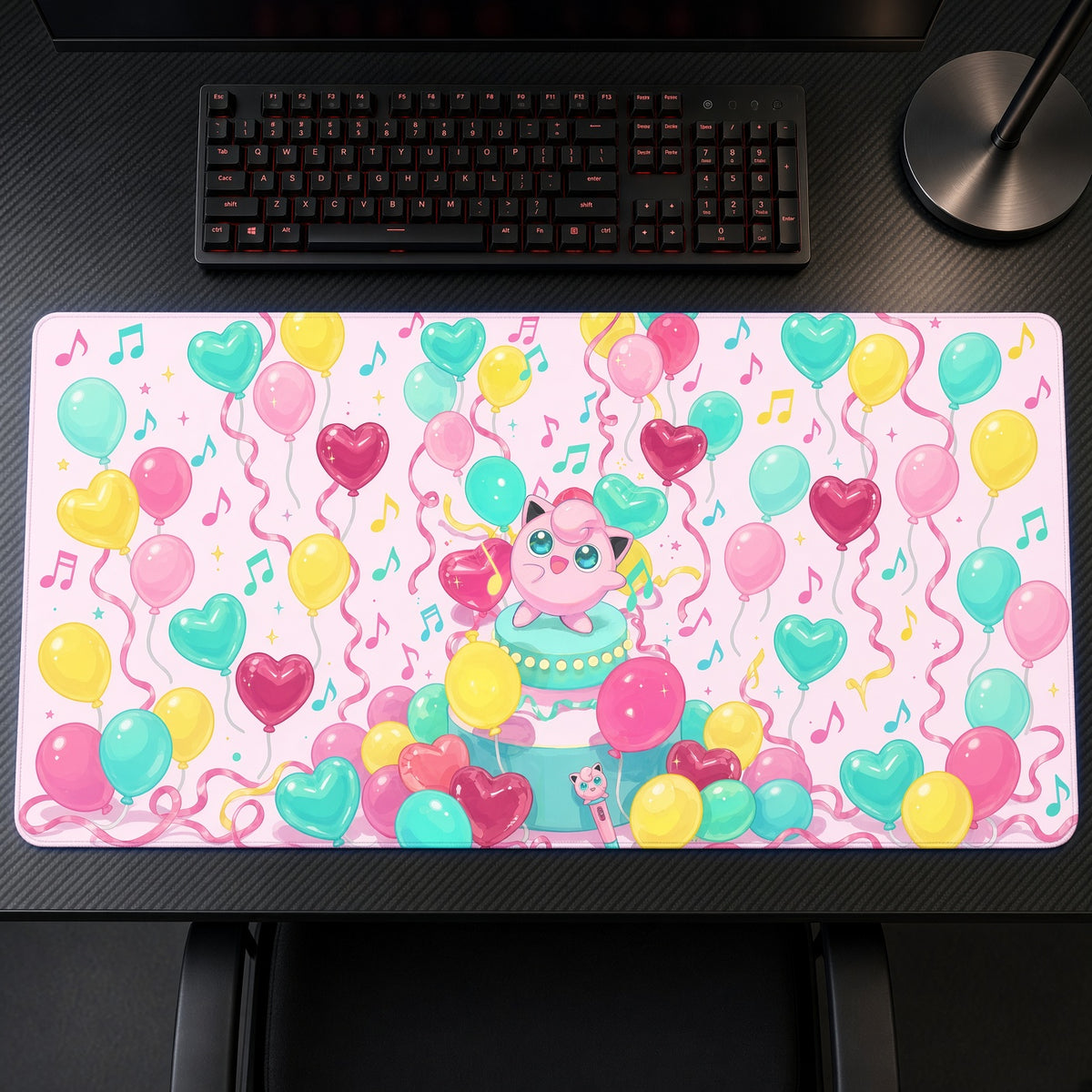 Jigglypuff Balloon Party Pokémon Playmat on a gaming desk, top-down view