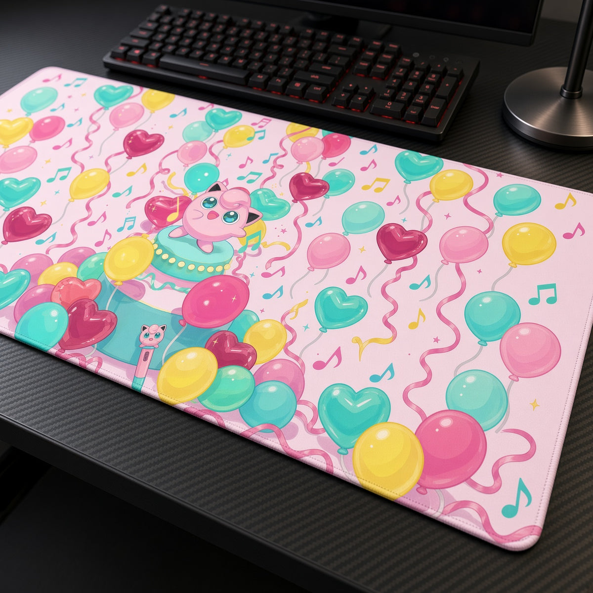 Jigglypuff Balloon Party Pokémon Playmat at an angle with keyboard and mouse