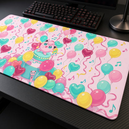 Jigglypuff Balloon Party Pokémon Playmat at an angle with keyboard and mouse