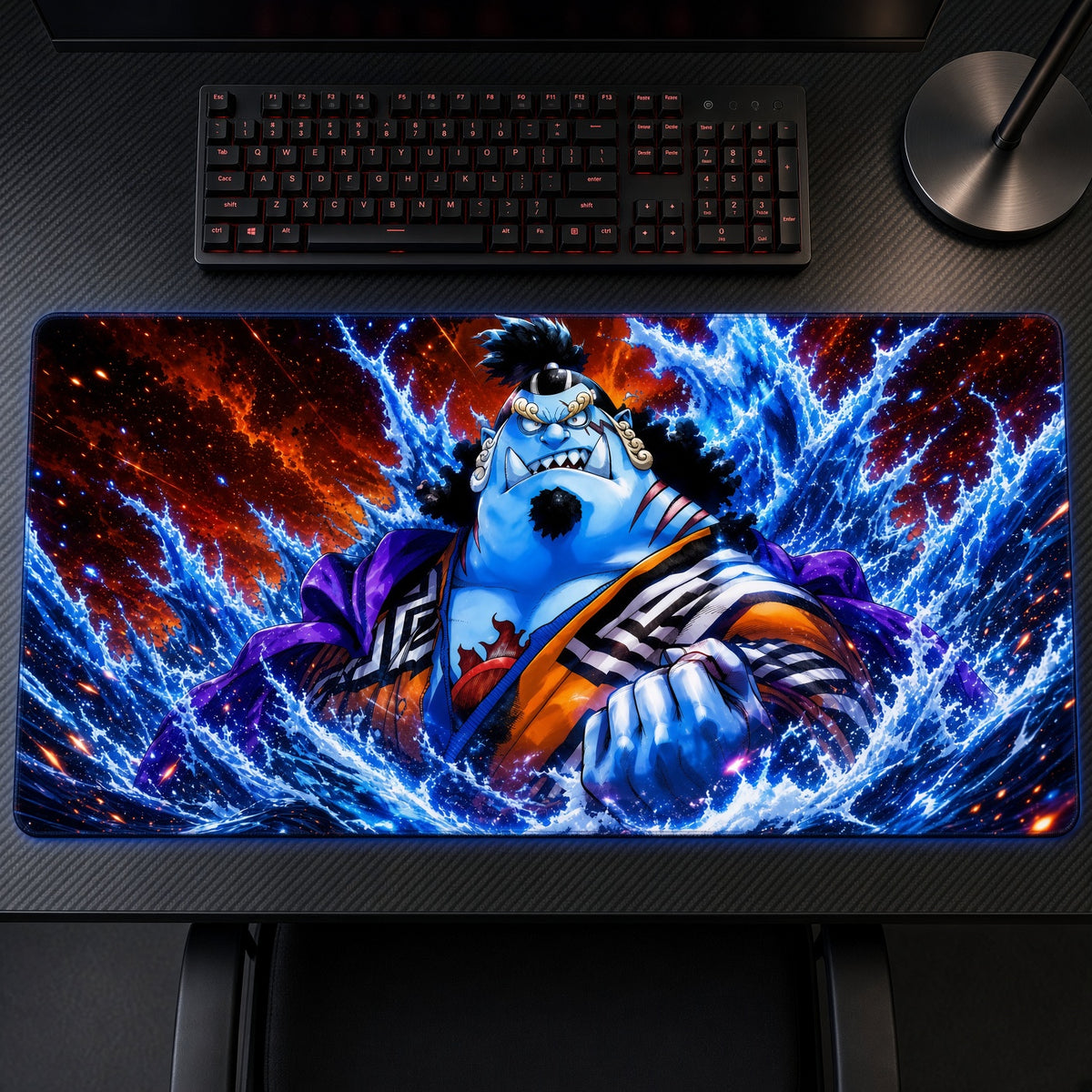 Jinbe Ocean Waves One Piece Playmat on a gaming desk, top-down view