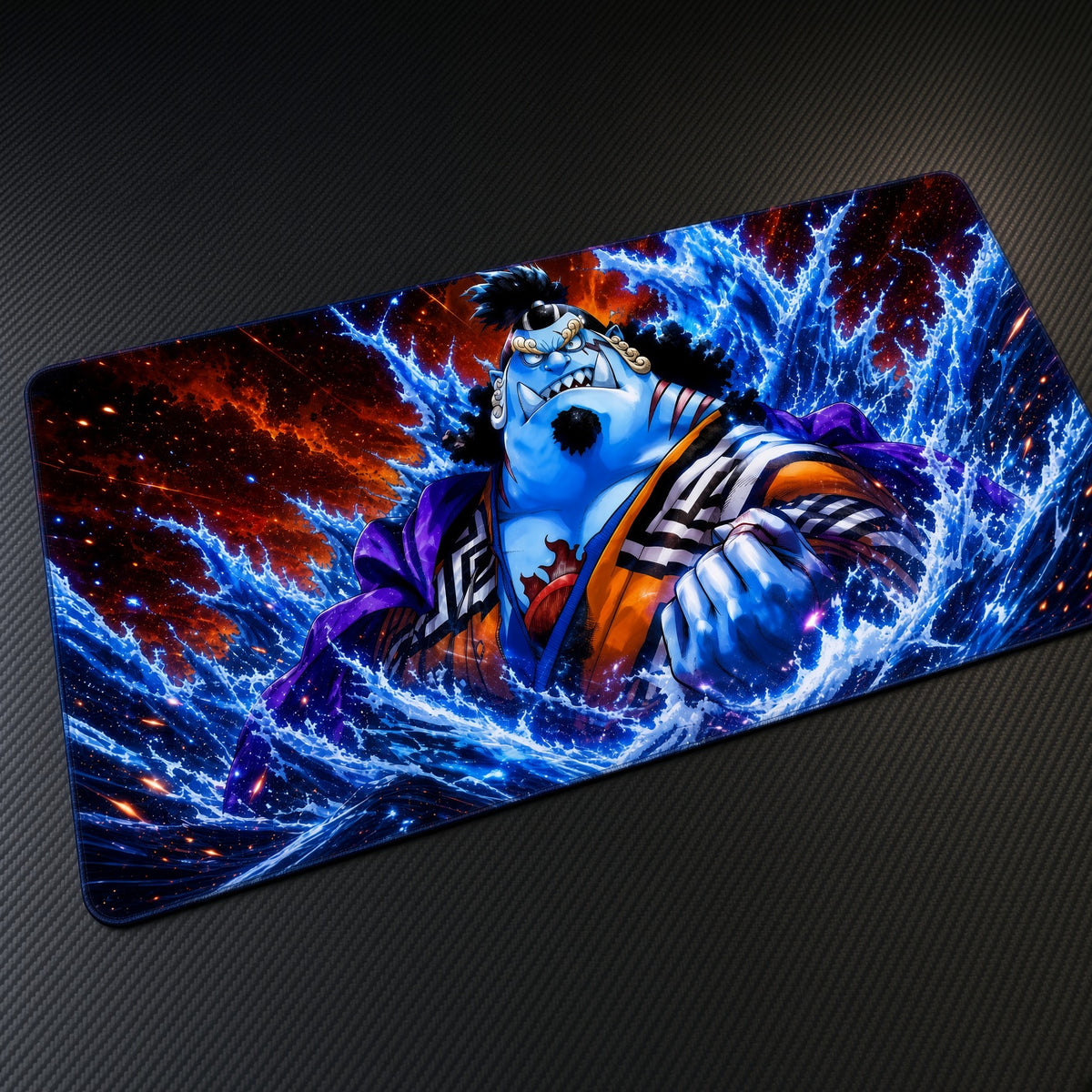 Jinbe Ocean Waves One Piece Playmat at an angle on a gaming desk
