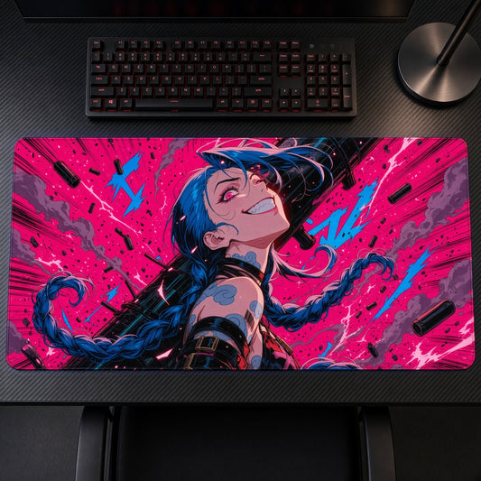 Jinx Neon Arcane Playmat on a gaming desk, top-down view