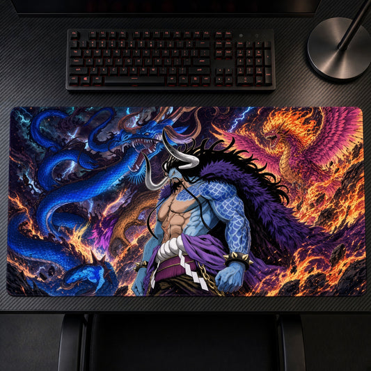 Kaido Dragon Form One Piece Playmat on a gaming desk, top-down view