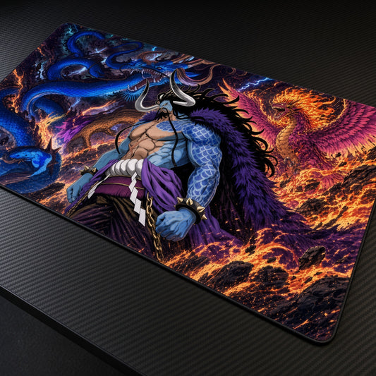 Kaido Dragon Form One Piece Playmat at an angle on a gaming desk