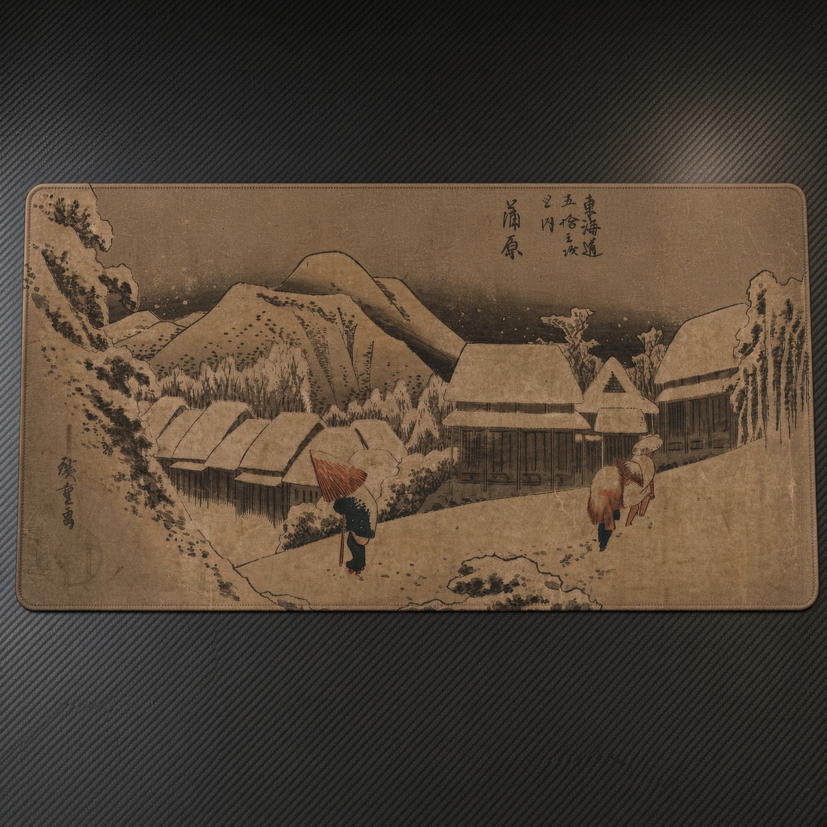 Kambara: Evening Snow Utagawa Hiroshige Playmat on a gaming desk, top-down view