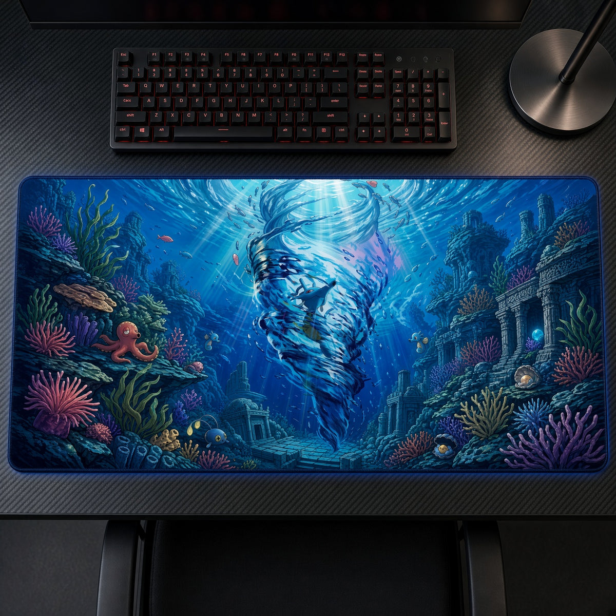 Kingdra Underwater Ruins Pokémon Playmat on a gaming desk, top-down view