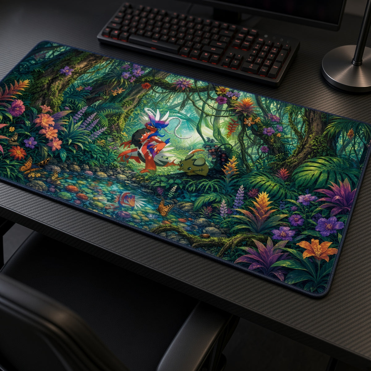 Koraidon Jungle Path Pokémon Playmat at an angle with keyboard and mouse