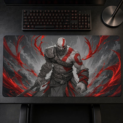 Kratos God of War Playmat on a gaming desk, top-down view