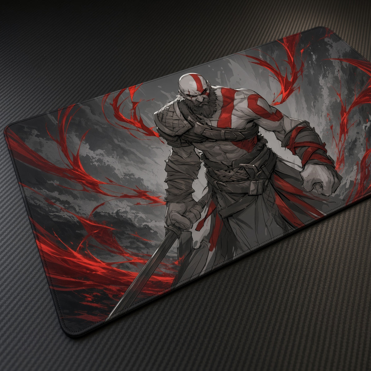 Kratos God of War Playmat at an angle on a gaming desk