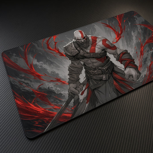 Kratos God of War Playmat at an angle on a gaming desk