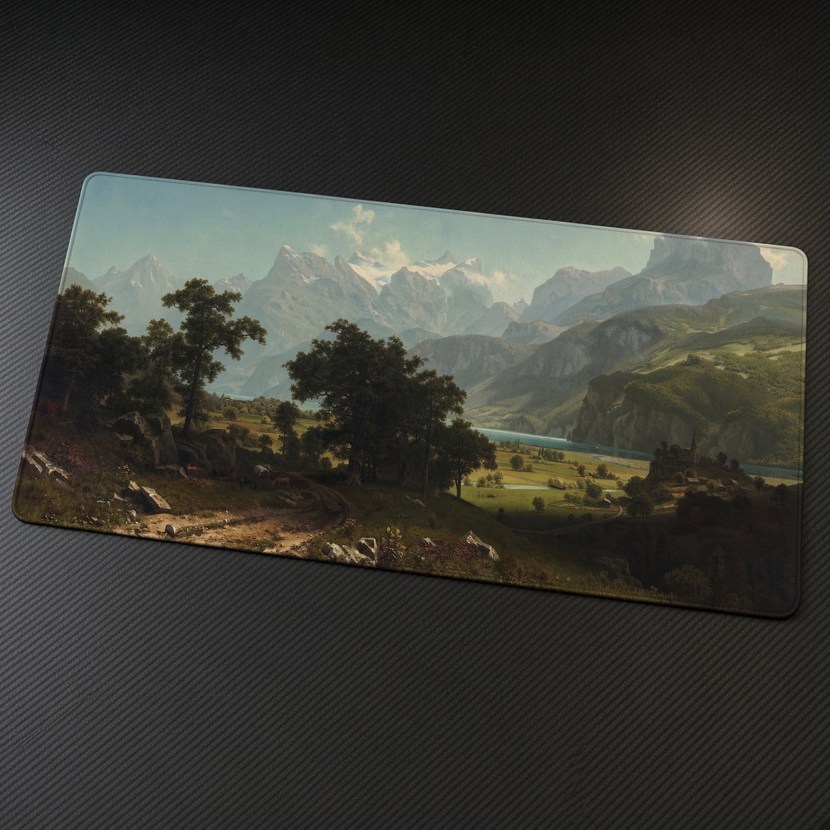 Lake Lucerne Albert Bierstadt Playmat at an angle on a gaming desk